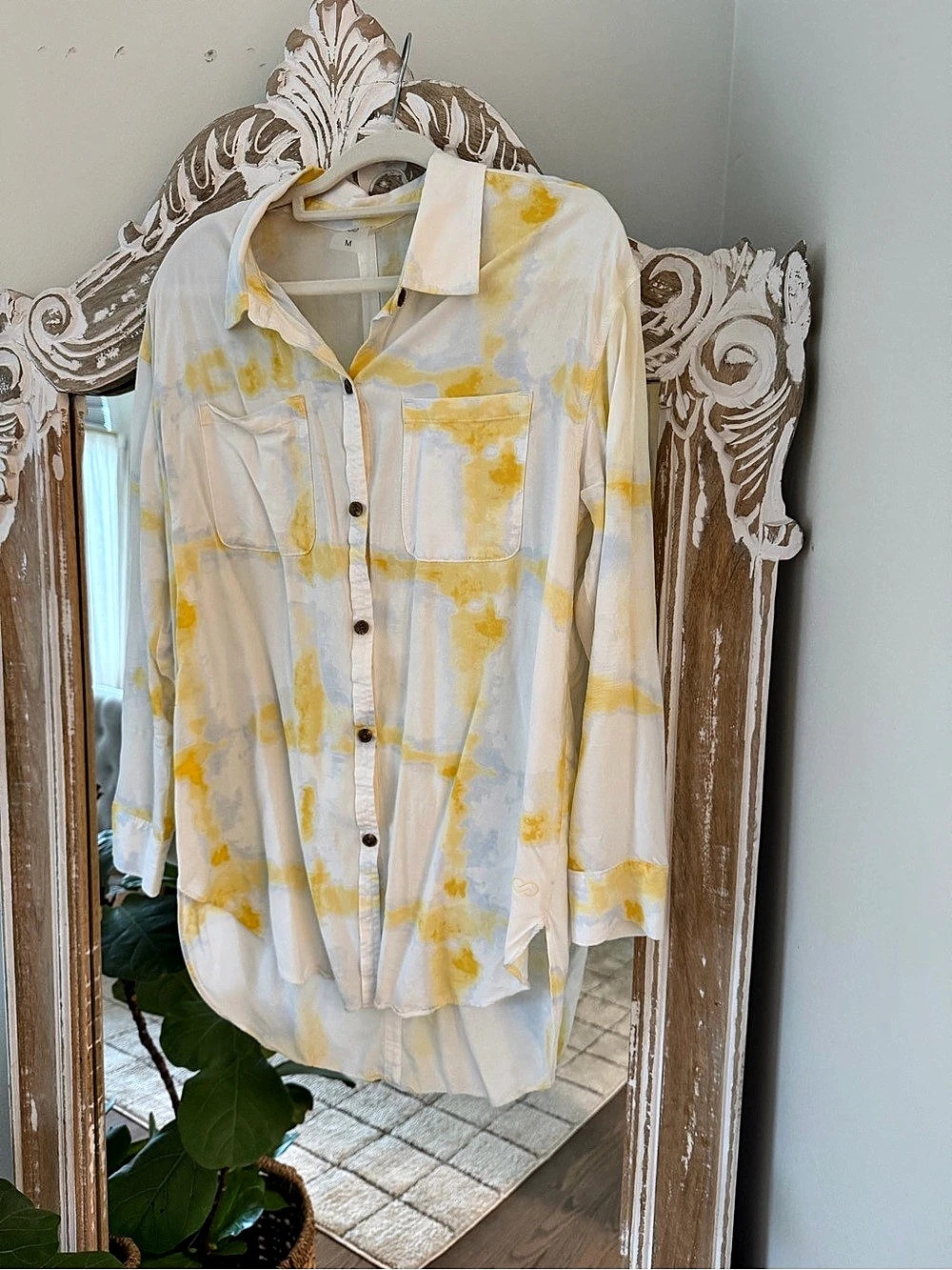 Calia Abstract Button Down Shirt in White & Yellow Medium
